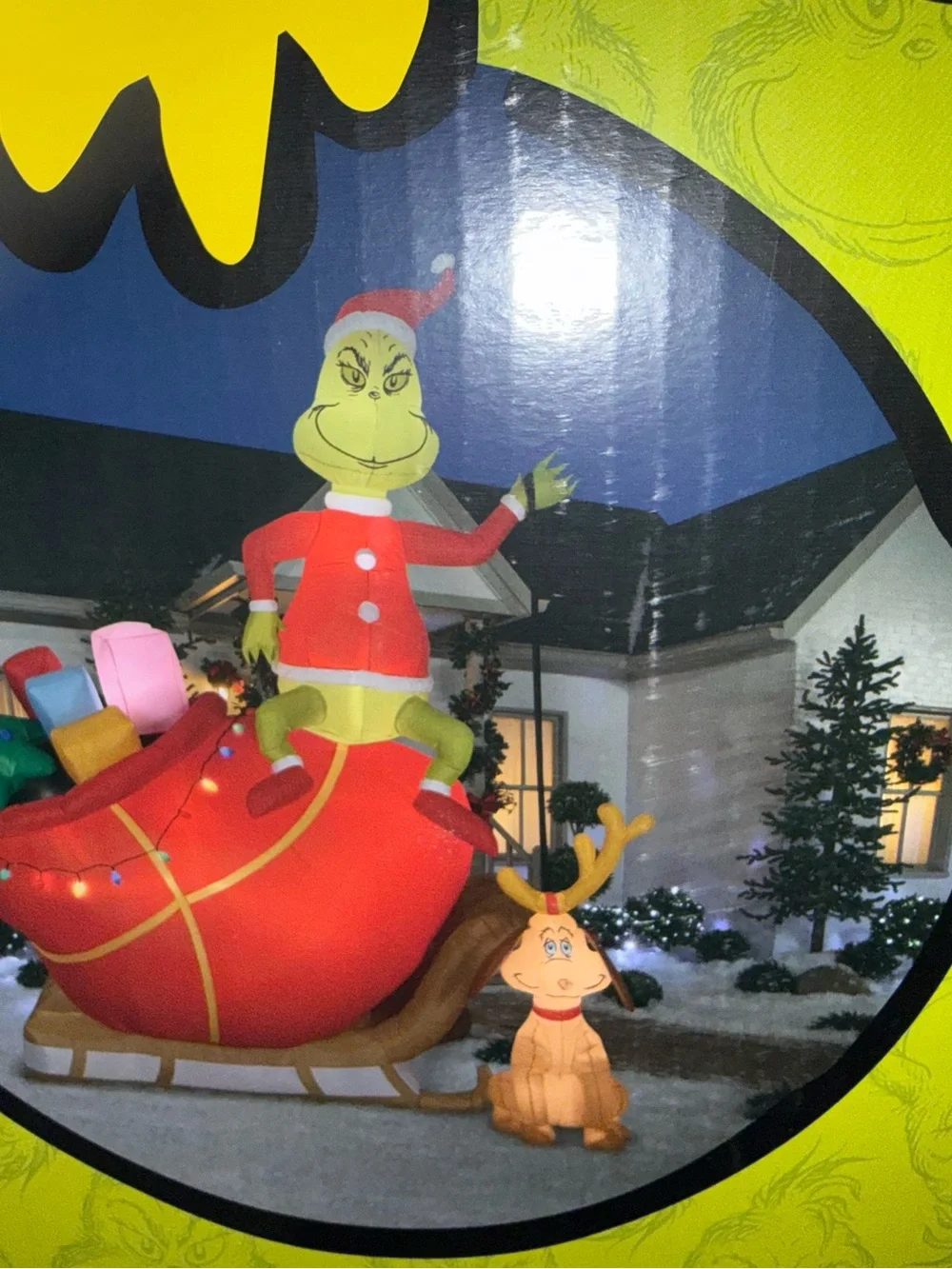 Brand new in box Inflatable Grinch in Red Santa Sleigh Holiday Decoration